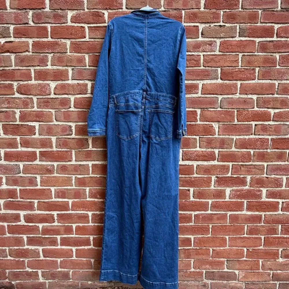 Express Stretch Denim Long Sleeve Button Front Wide Leg Jumpsuit Blue L NEW - Picture 11 of 16